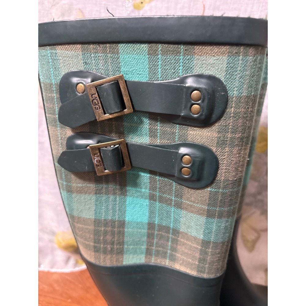Womens Tall Hunter Green Plaid Rubber Rain Boots Knee High Waterproof Wellies - Picture 3 of 10